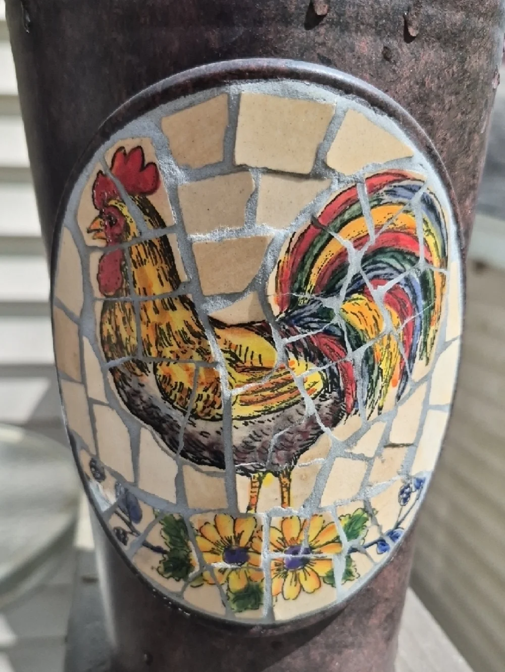 Vintage Rustic Metal Mosaic pique assiette Rooster Farmhouse Vase Tin